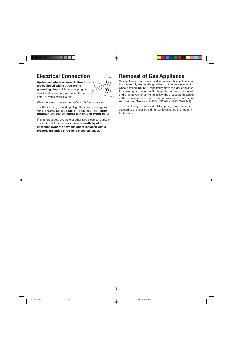Electrical connection, Removal of gas appliance | Jenn-Air SLIDE-IN RANGE User Manual | Page 10 / 92