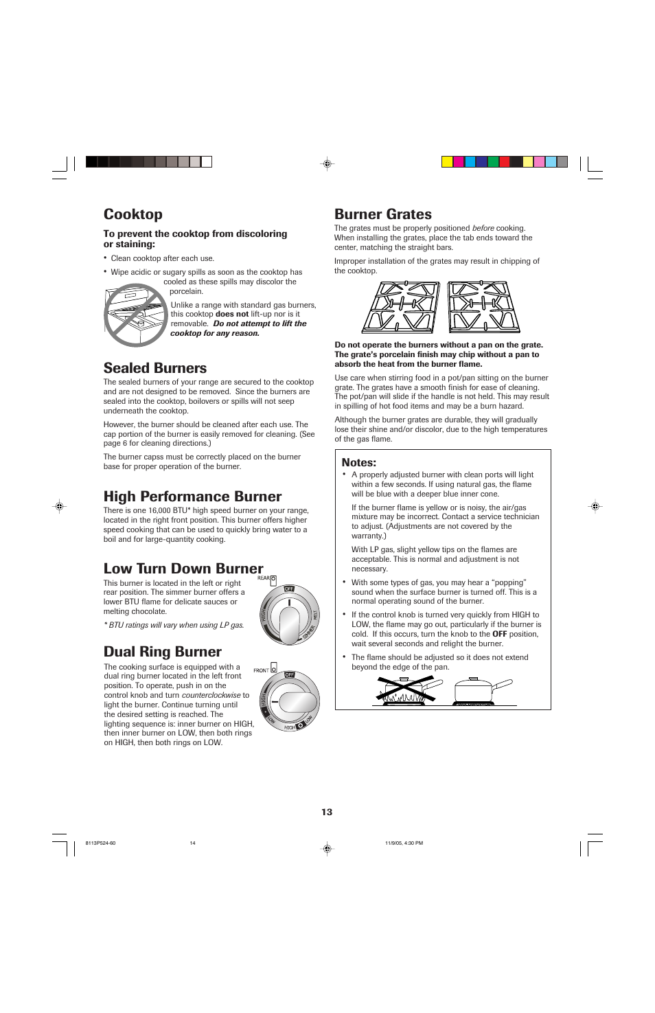 Cooktop, Burner grates, Sealed burners | High performance burner, Low turn down burner, Dual ring burner | Jenn-Air SLIDE-IN RANGE User Manual | Page 14 / 92