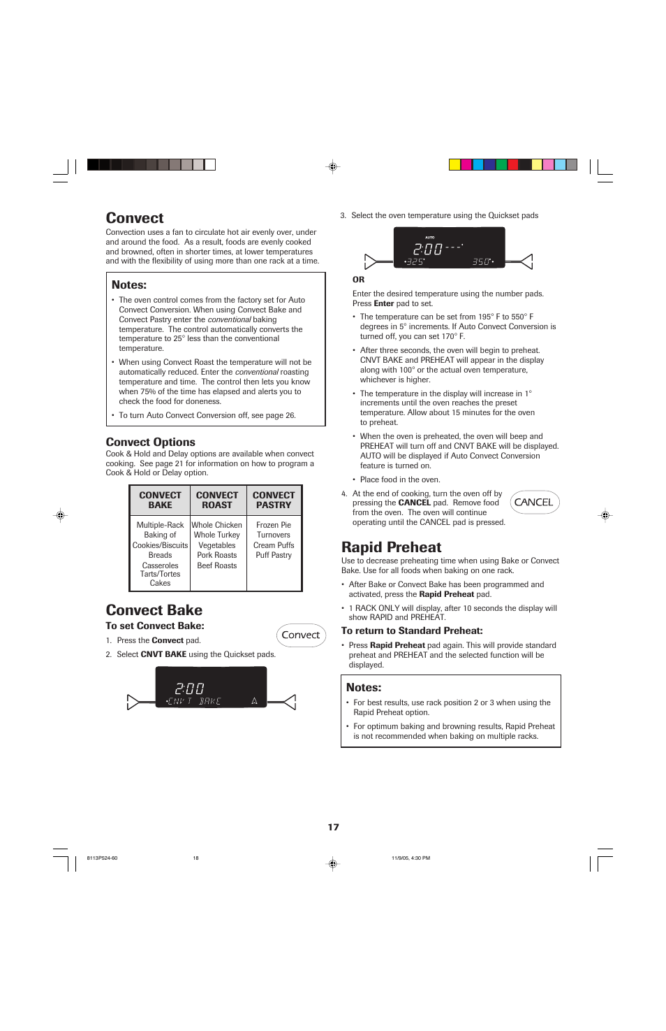 Convect bake, Convect, Rapid preheat | Convect options | Jenn-Air SLIDE-IN RANGE User Manual | Page 18 / 92