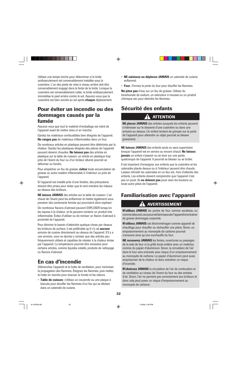 En cas d’incendie, Familiarisation avec l’appareil, Sécurité des enfants | Jenn-Air SLIDE-IN RANGE User Manual | Page 33 / 92