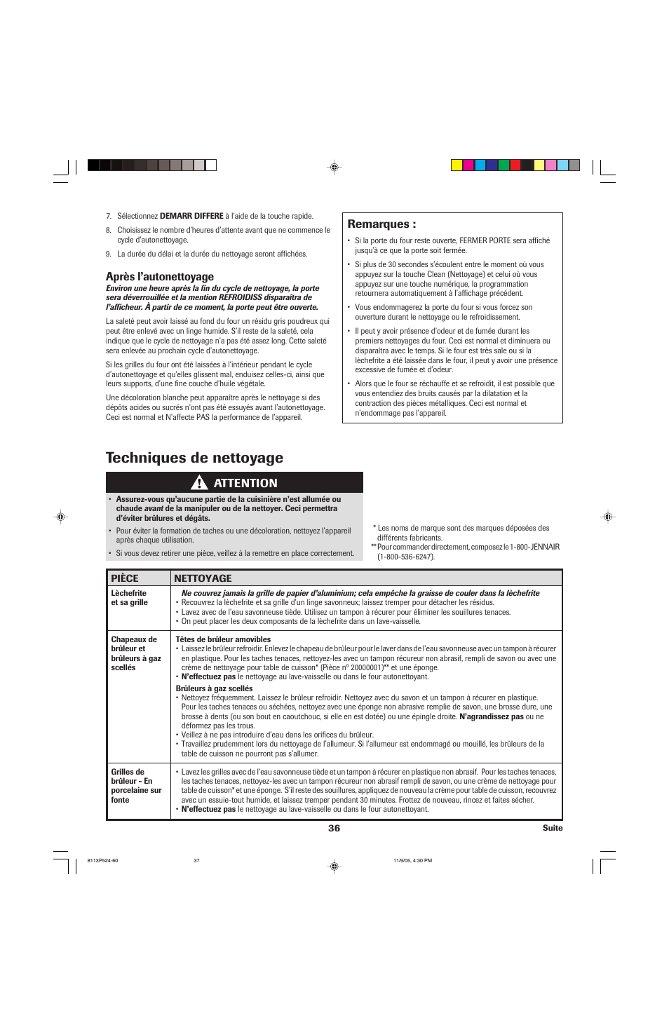 Techniques de nettoyage, Après l’autonettoyage, Remarques | Attention | Jenn-Air SLIDE-IN RANGE User Manual | Page 37 / 92