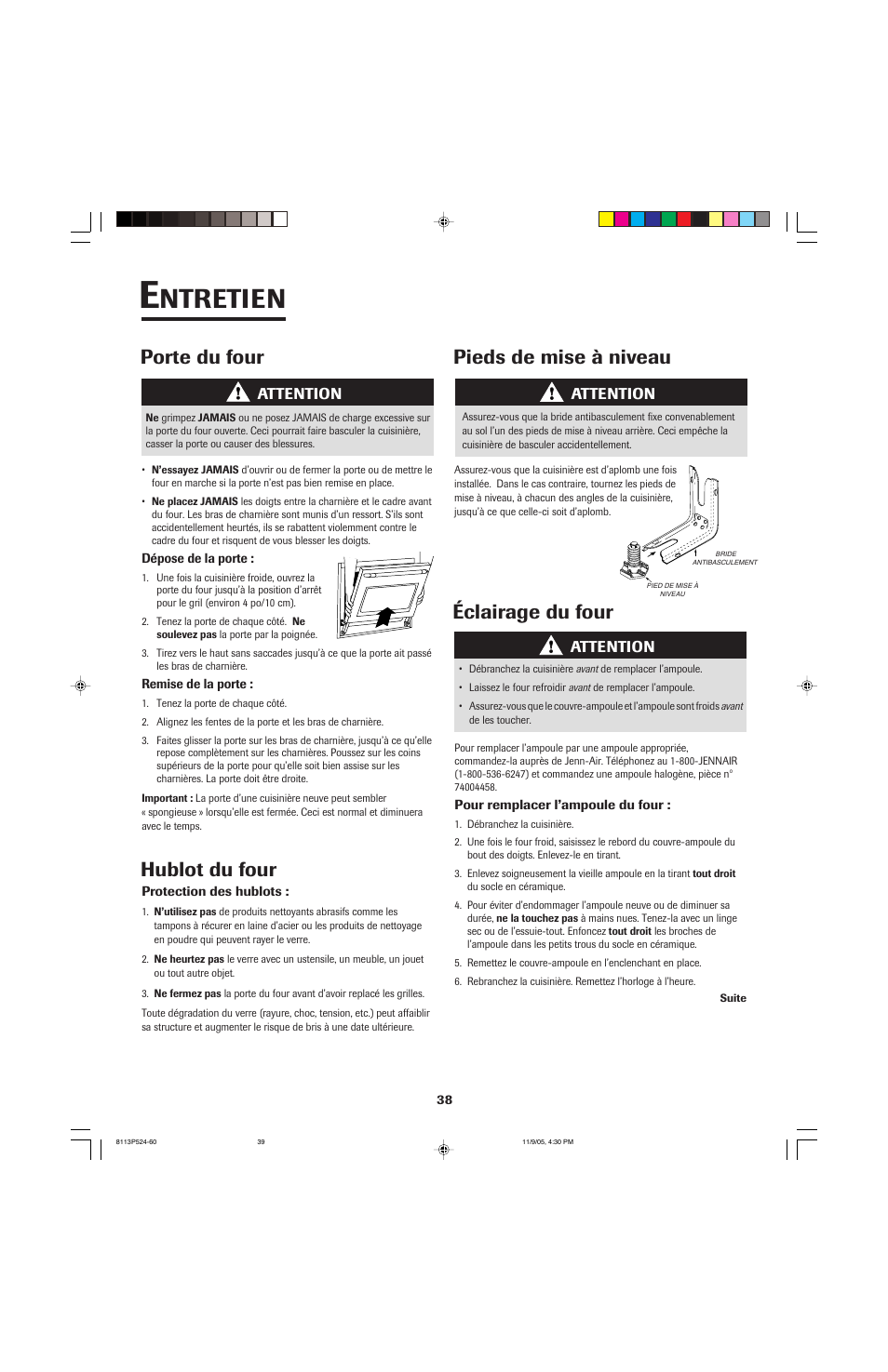 Ntretien, Porte du four, Hublot du four pieds de mise à niveau | Éclairage du four | Jenn-Air SLIDE-IN RANGE User Manual | Page 39 / 92