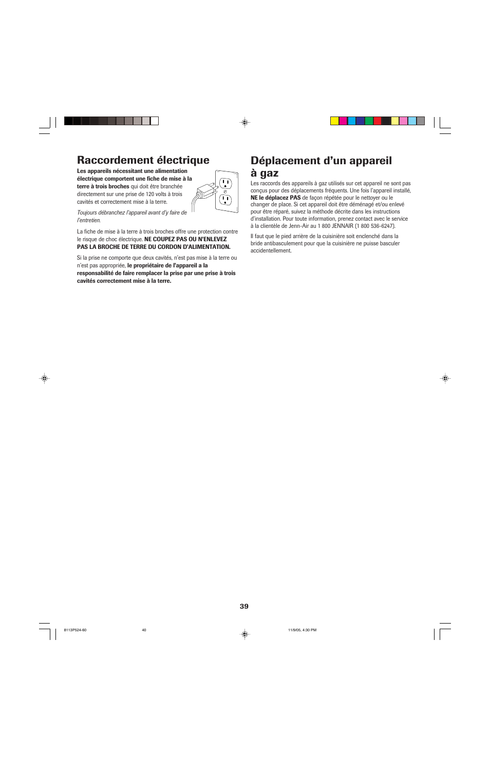 Déplacement d’un appareil à gaz, Raccordement électrique | Jenn-Air SLIDE-IN RANGE User Manual | Page 40 / 92