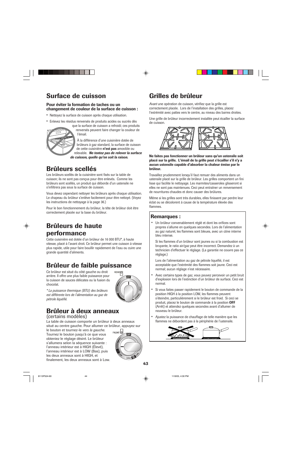 Surface de cuisson, Grilles de brûleur, Brûleurs scellés | Brûleurs de haute performance, Brûleur de faible puissance, Brûleur à deux anneaux | Jenn-Air SLIDE-IN RANGE User Manual | Page 44 / 92