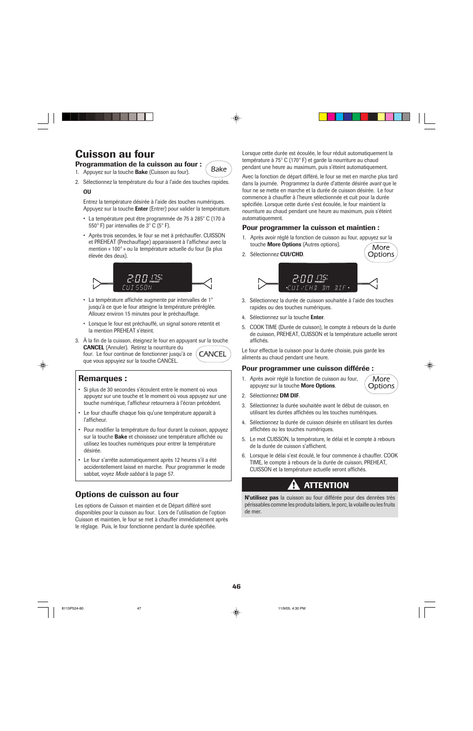 Cuisson au four, Attention, Remarques | Options de cuisson au four | Jenn-Air SLIDE-IN RANGE User Manual | Page 47 / 92