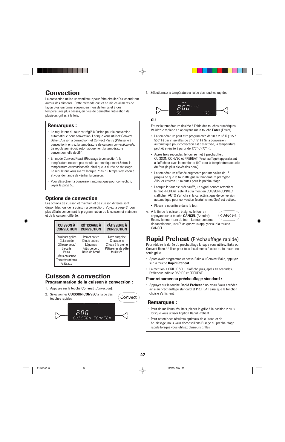 Cuisson à convection, Convection, Rapid preheat | Options de convection, Remarques, Préchauffage rapide) | Jenn-Air SLIDE-IN RANGE User Manual | Page 48 / 92