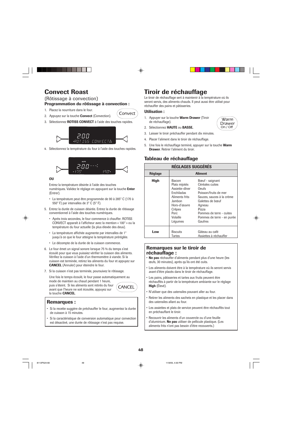 Convect roast, Tiroir de réchauffage, Rôtissage à convection) | Remarques, Remarques sur le tiroir de réchauffage, Tableau de réchauffage | Jenn-Air SLIDE-IN RANGE User Manual | Page 49 / 92