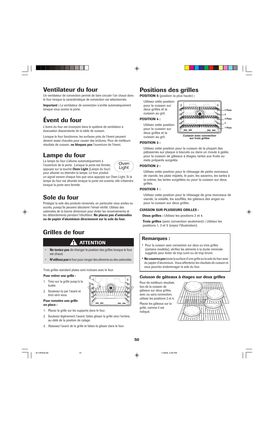 Positions des grilles, Grilles de four, Lampe du four | Sole du four, Ventilateur du four, Évent du four, Remarques, Attention | Jenn-Air SLIDE-IN RANGE User Manual | Page 51 / 92