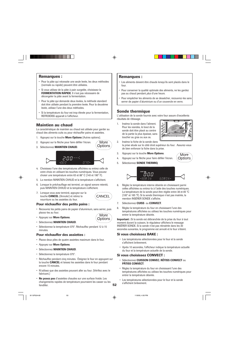 Remarques, Maintien au chaud, Sonde thermique | Jenn-Air SLIDE-IN RANGE User Manual | Page 53 / 92