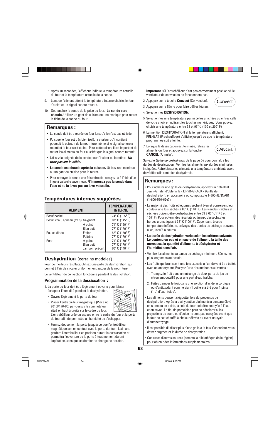 Remarques, Températures internes suggérées remarques, Deshydration | Jenn-Air SLIDE-IN RANGE User Manual | Page 54 / 92