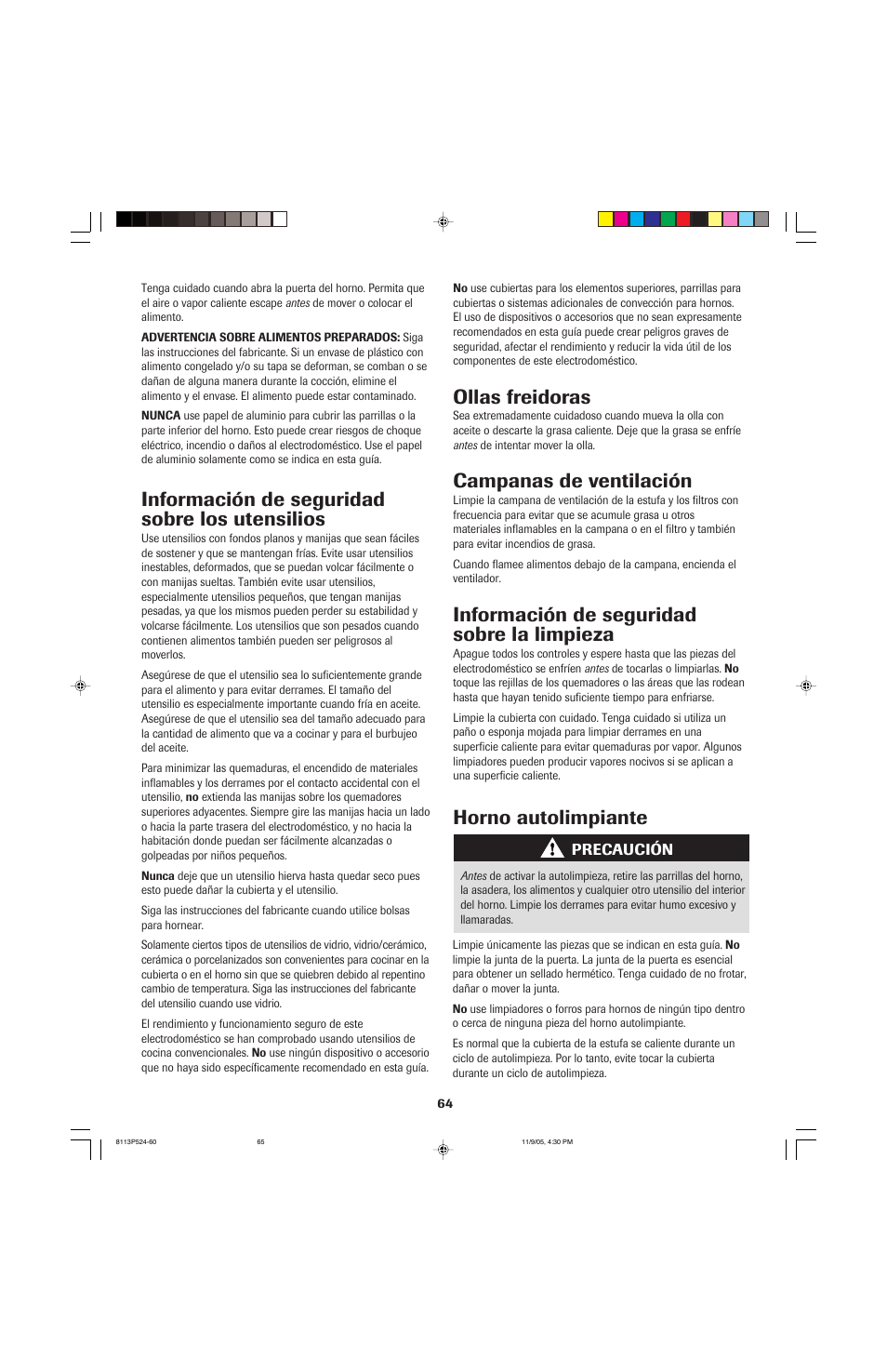 Información de seguridad sobre los utensilios, Ollas freidoras, Campanas de ventilación | Información de seguridad sobre la limpieza, Horno autolimpiante | Jenn-Air SLIDE-IN RANGE User Manual | Page 65 / 92