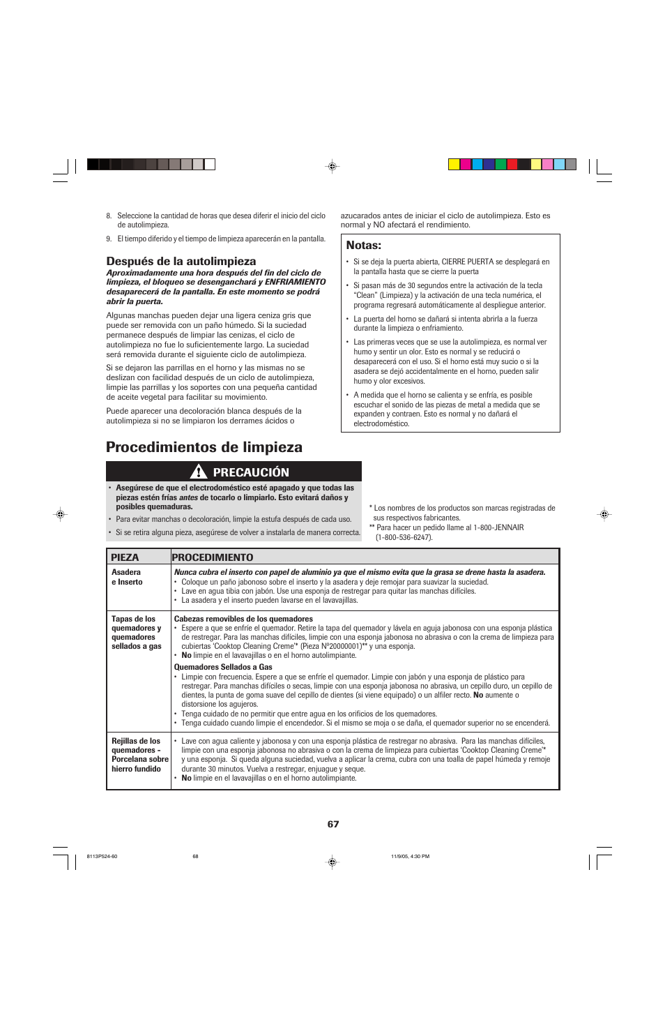 Procedimientos de limpieza, Después de la autolimpieza, Notas | Precaución | Jenn-Air SLIDE-IN RANGE User Manual | Page 68 / 92