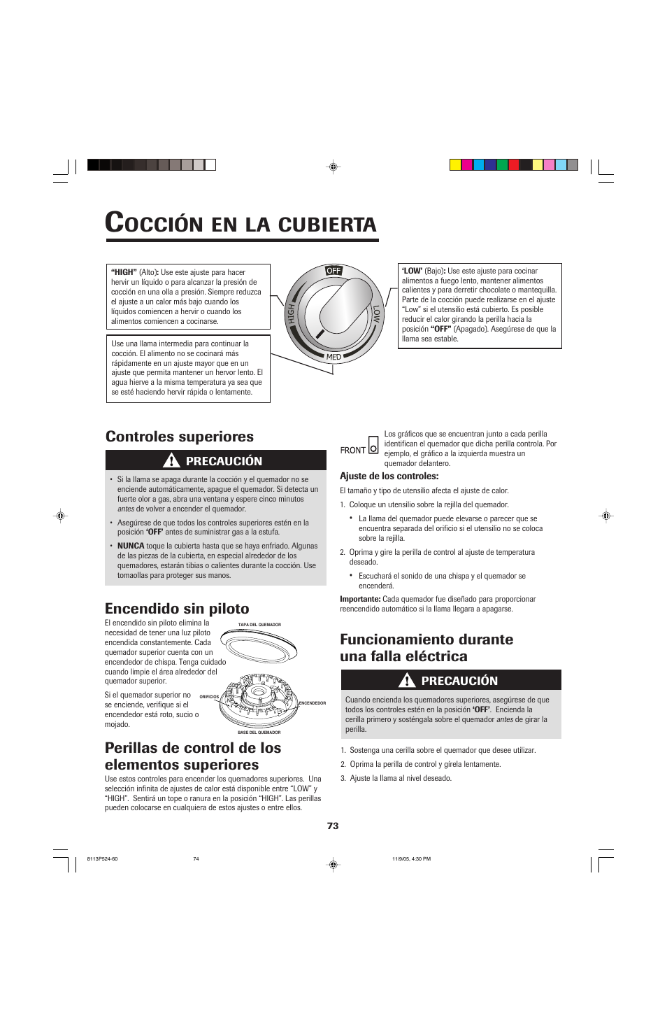 Occión, Cubierta, Controles superiores encendido sin piloto | Jenn-Air SLIDE-IN RANGE User Manual | Page 74 / 92