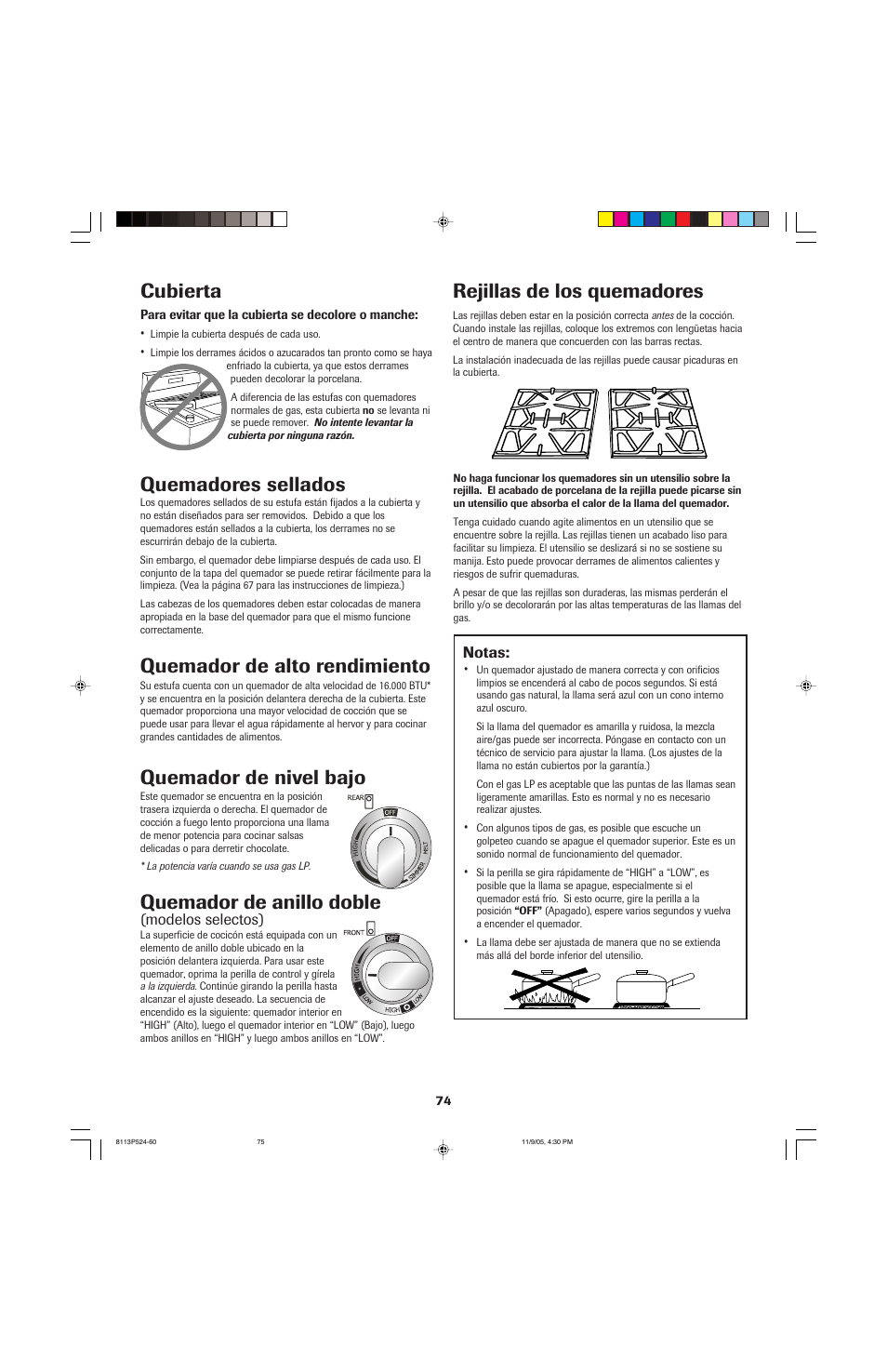 Cubierta, Rejillas de los quemadores, Quemadores sellados | Quemador de alto rendimiento, Quemador de nivel bajo, Quemador de anillo doble | Jenn-Air SLIDE-IN RANGE User Manual | Page 75 / 92