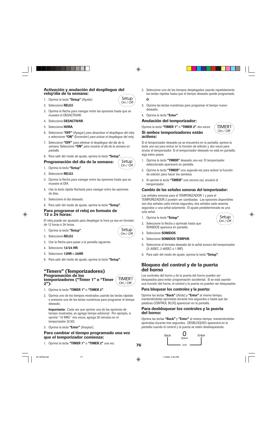 Timers” (temporizadores), Bloqueo del control y de la puerta del horno | Jenn-Air SLIDE-IN RANGE User Manual | Page 77 / 92