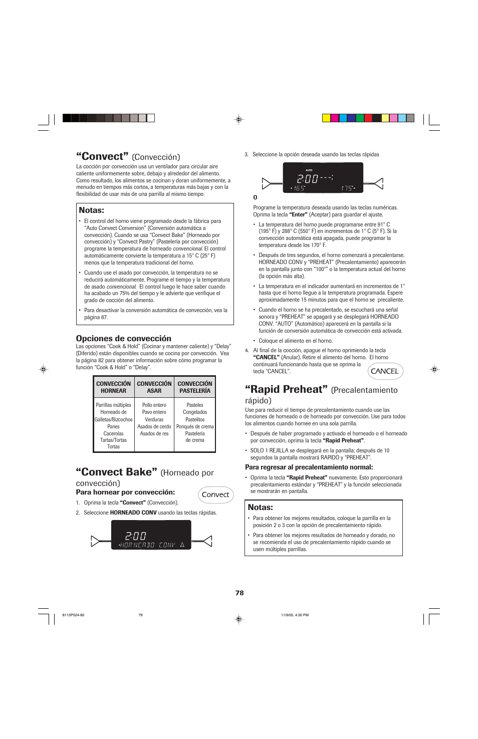 Convect bake, Convect, Rapid preheat | Horneado por convección), Convección), Opciones de convección, Notas, Precalentamiento rápido) | Jenn-Air SLIDE-IN RANGE User Manual | Page 79 / 92