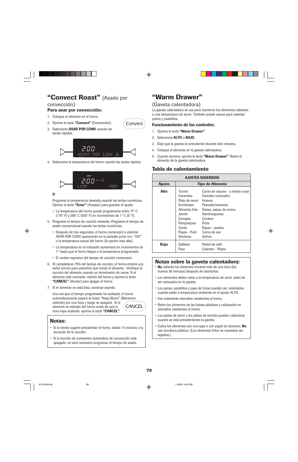 Convect roast, Warm drawer, Asado por convección) | Notas, Gaveta calentadora), Notas sobre la gaveta calentadora, Tabla de calentamiento | Jenn-Air SLIDE-IN RANGE User Manual | Page 80 / 92