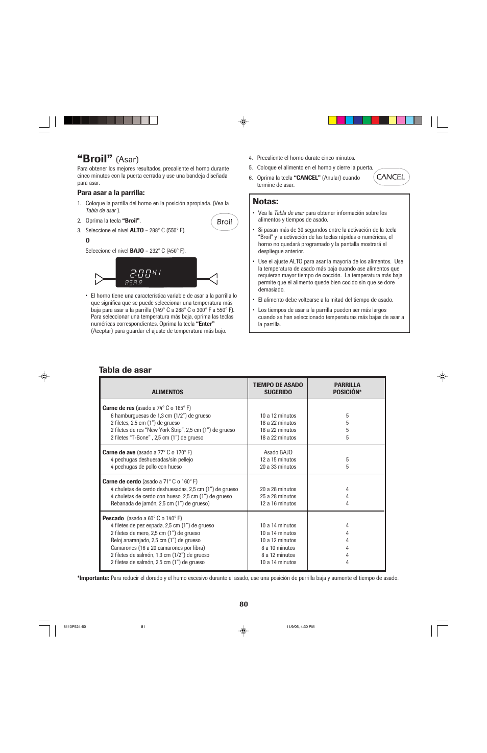 Broil, Asar), Notas | Tabla de asar | Jenn-Air SLIDE-IN RANGE User Manual | Page 81 / 92