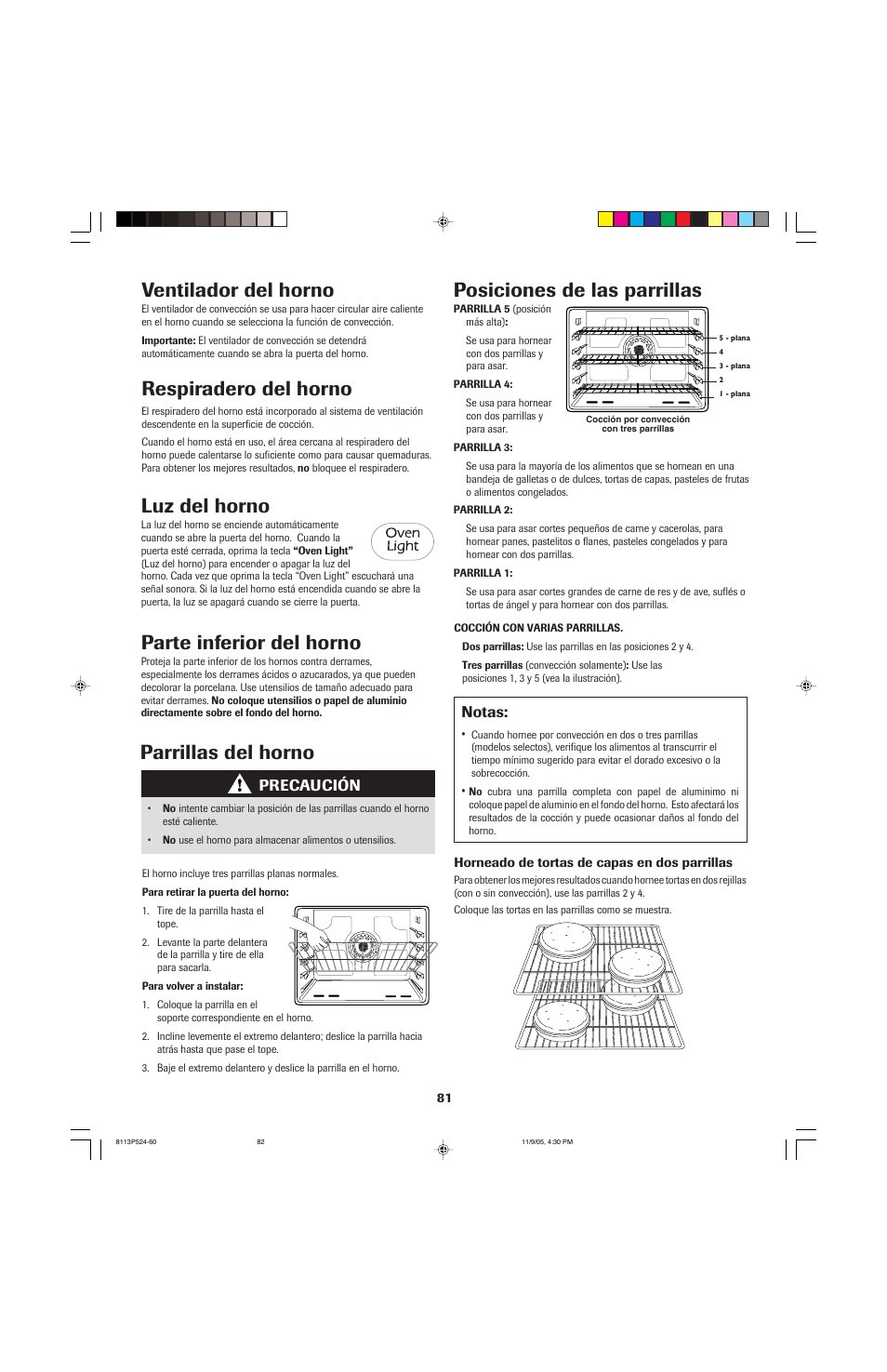 Posiciones de las parrillas, Parrillas del horno, Luz del horno | Parte inferior del horno, Ventilador del horno, Respiradero del horno, Notas, Precaución | Jenn-Air SLIDE-IN RANGE User Manual | Page 82 / 92