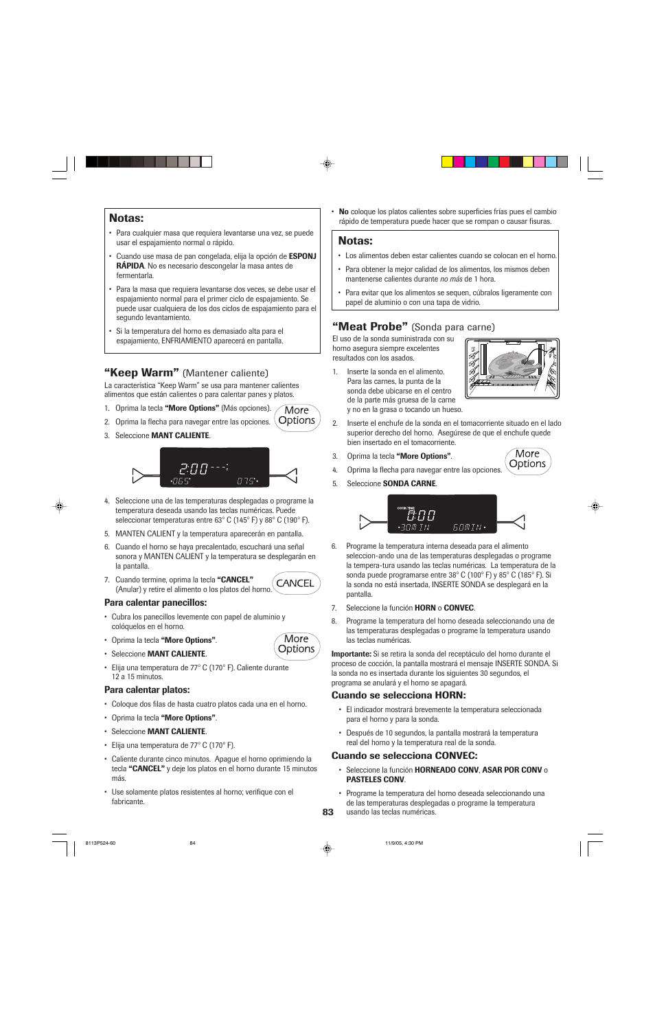 Notas, Keep warm, Meat probe | Jenn-Air SLIDE-IN RANGE User Manual | Page 84 / 92