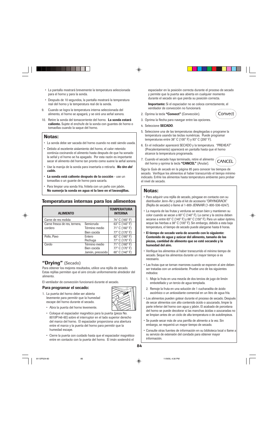 Notas, Temperaturas internas para los alimentos, Drying | Jenn-Air SLIDE-IN RANGE User Manual | Page 85 / 92