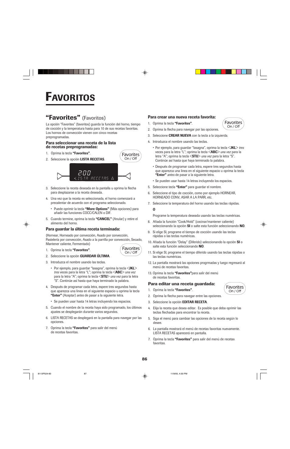 Avoritos, Favorites | Jenn-Air SLIDE-IN RANGE User Manual | Page 87 / 92