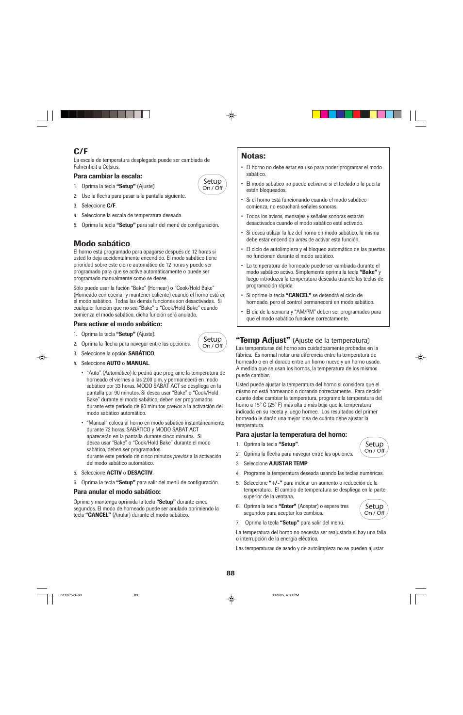 Modo sabático, Temp adjust, Notas | Jenn-Air SLIDE-IN RANGE User Manual | Page 89 / 92