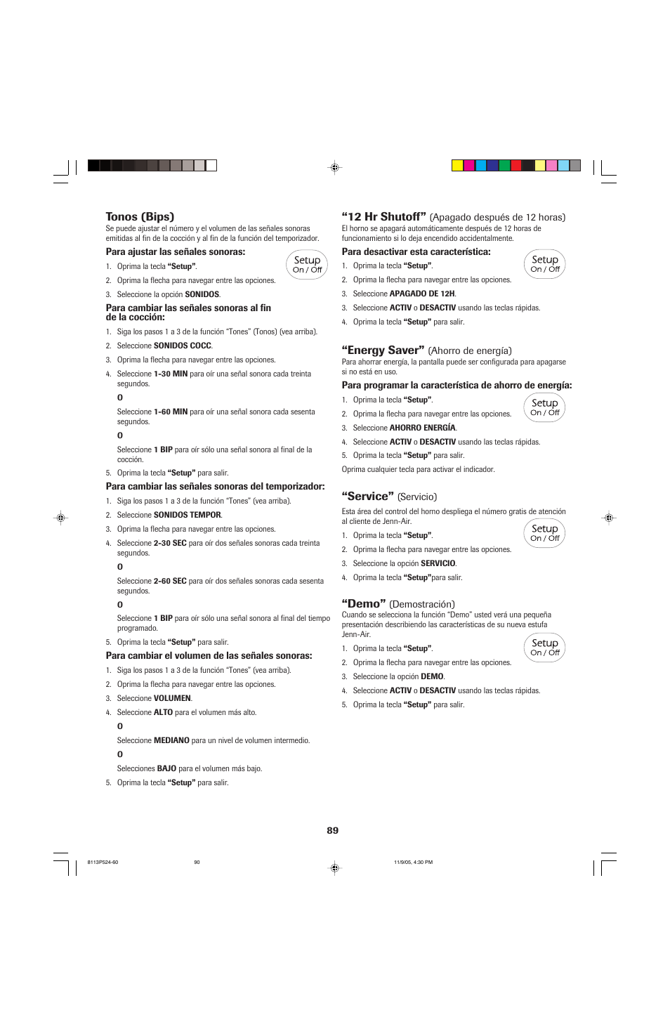Tonos (bips), 12 hr shutoff, Energy saver | Service, Demo | Jenn-Air SLIDE-IN RANGE User Manual | Page 90 / 92