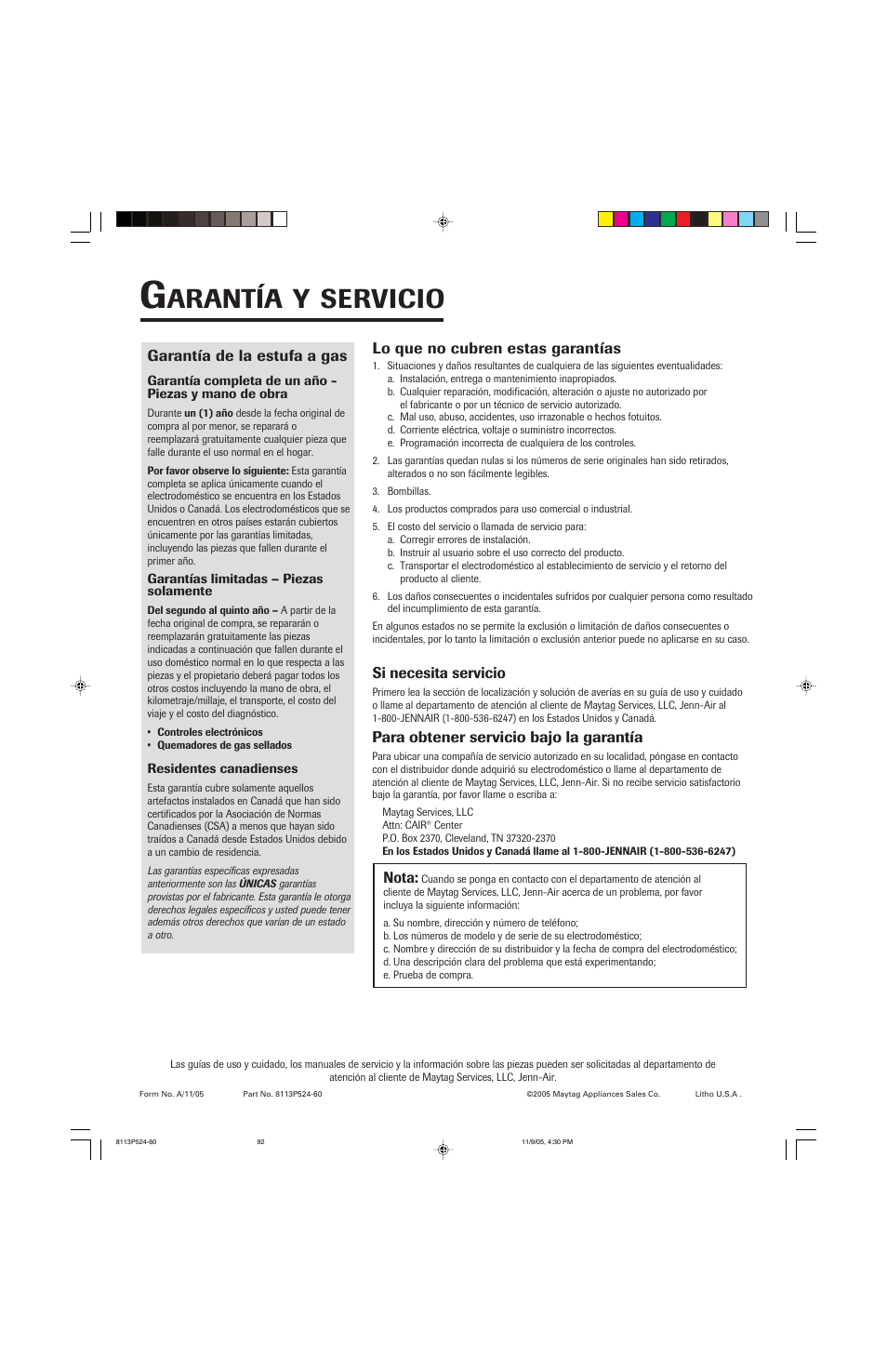 Arantía, Servicio | Jenn-Air SLIDE-IN RANGE User Manual | Page 92 / 92