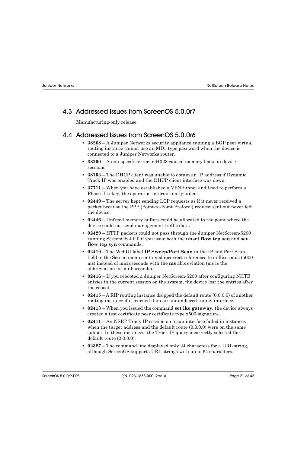 3 addressed issues from screenos 5.0.0r7, 4 addressed issues from screenos 5.0.0r6 | Juniper Networks NETSCREEN 208 User Manual | Page 21 / 42