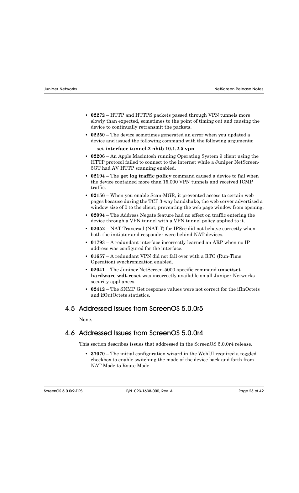 5 addressed issues from screenos 5.0.0r5, 6 addressed issues from screenos 5.0.0r4 | Juniper Networks NETSCREEN 208 User Manual | Page 23 / 42