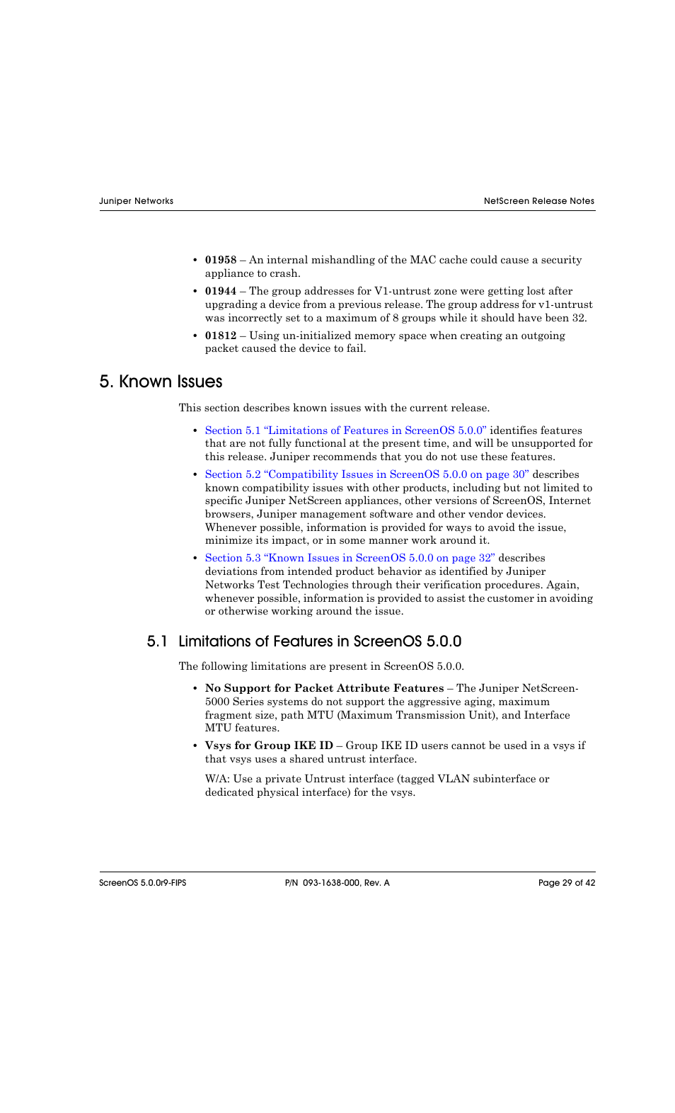 Known issues, 1 limitations of features in screenos 5.0.0 | Juniper Networks NETSCREEN 208 User Manual | Page 29 / 42