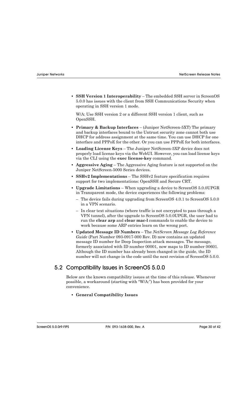 2 compatibility issues in screenos 5.0.0 | Juniper Networks NETSCREEN 208 User Manual | Page 30 / 42
