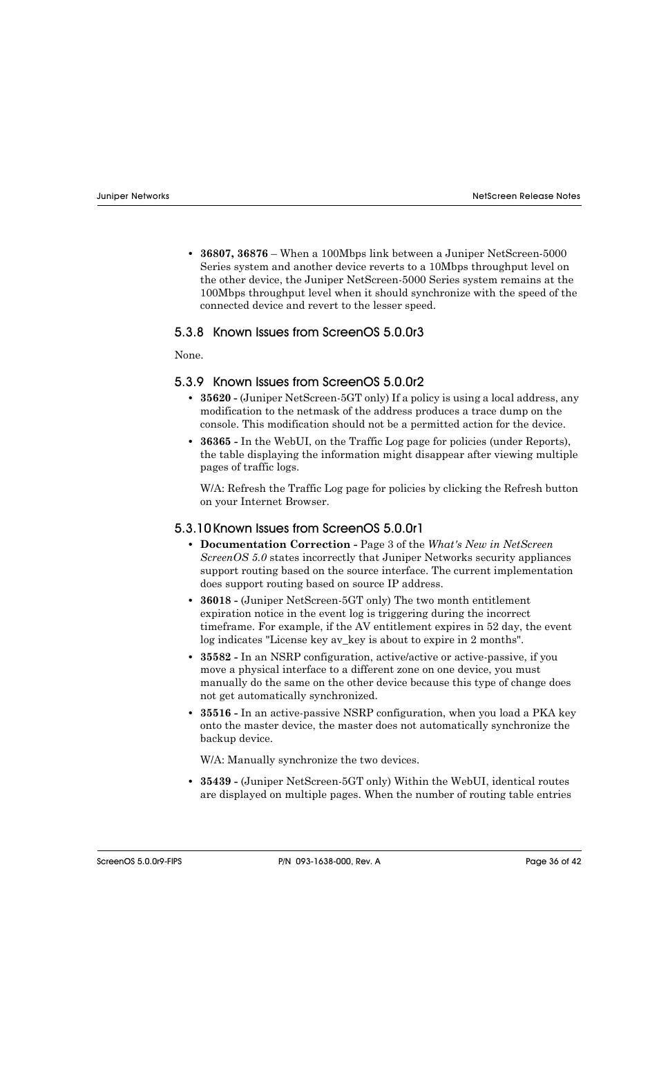 8 known issues from screenos 5.0.0r3, 9 known issues from screenos 5.0.0r2, 10 known issues from screenos 5.0.0r1 | Juniper Networks NETSCREEN 208 User Manual | Page 36 / 42