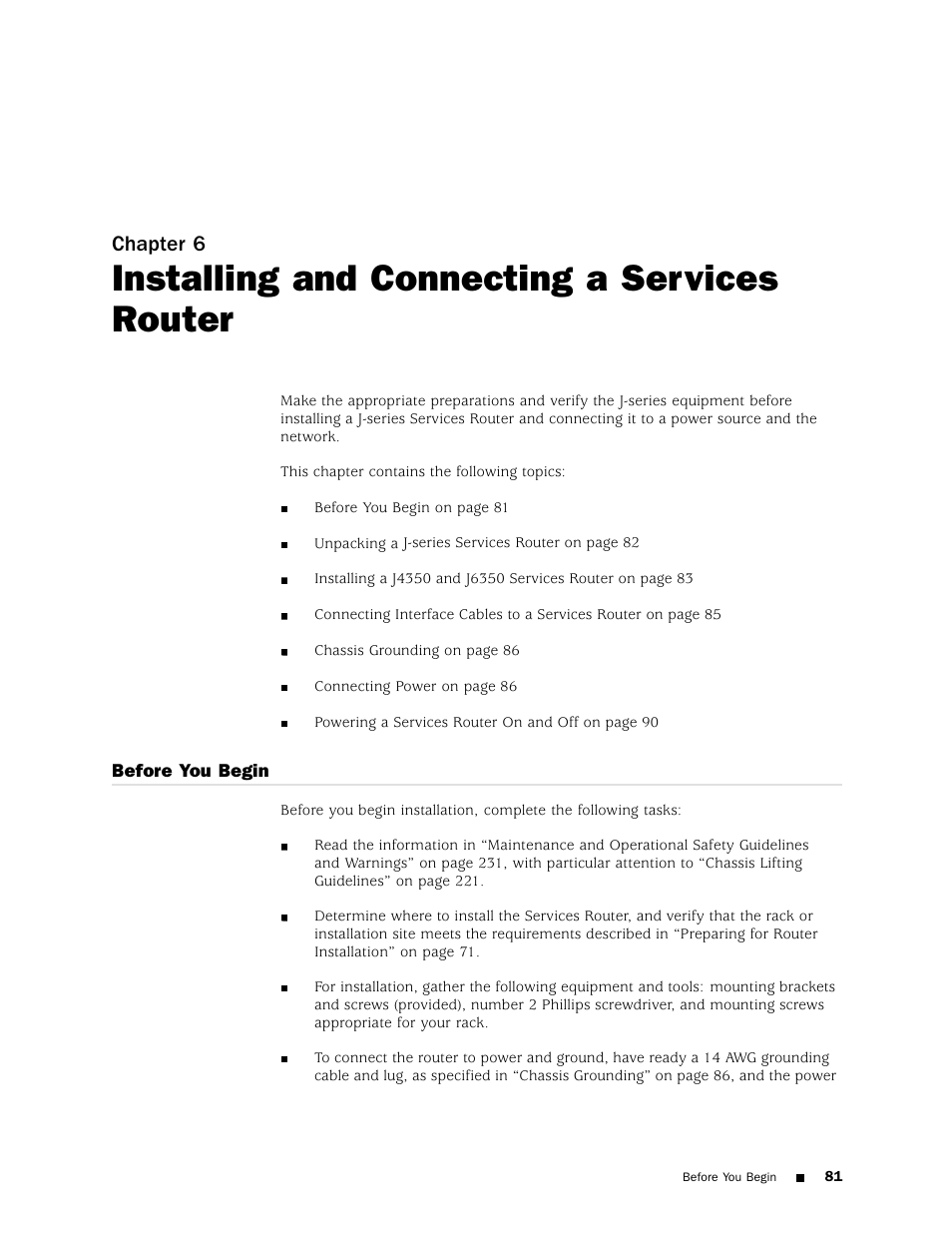 Installing and connecting a services router, Chapter 6 | Juniper Networks J4350 User Manual | Page 101 / 284