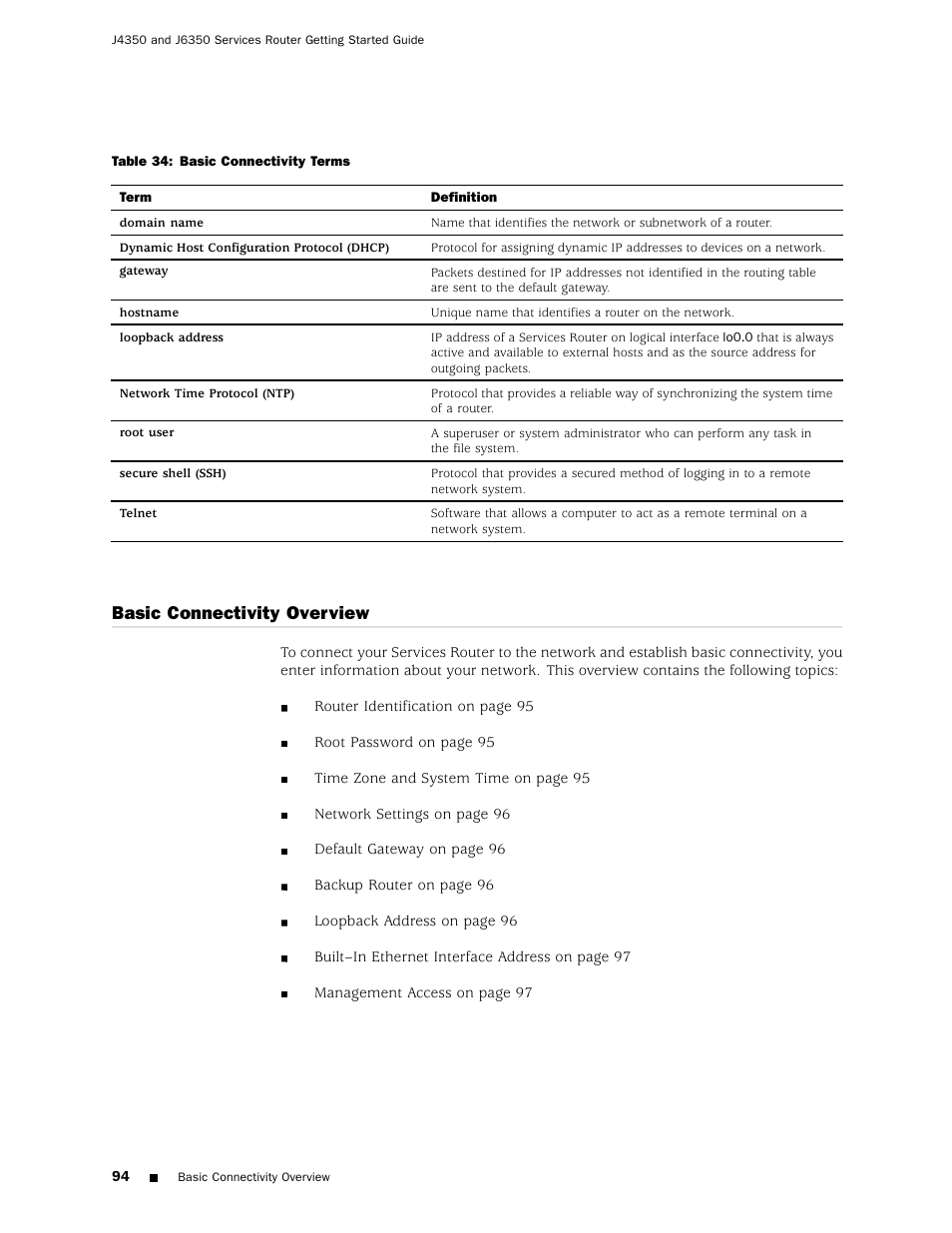 Table 34, Basic connectivity overview | Juniper Networks J4350 User Manual | Page 114 / 284