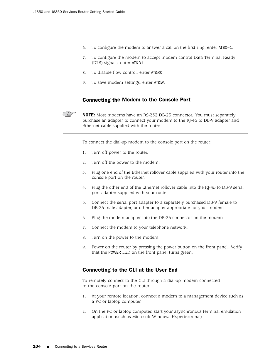 Connecting the modem to the console port, Connecting to the cli at the user end | Juniper Networks J4350 User Manual | Page 124 / 284