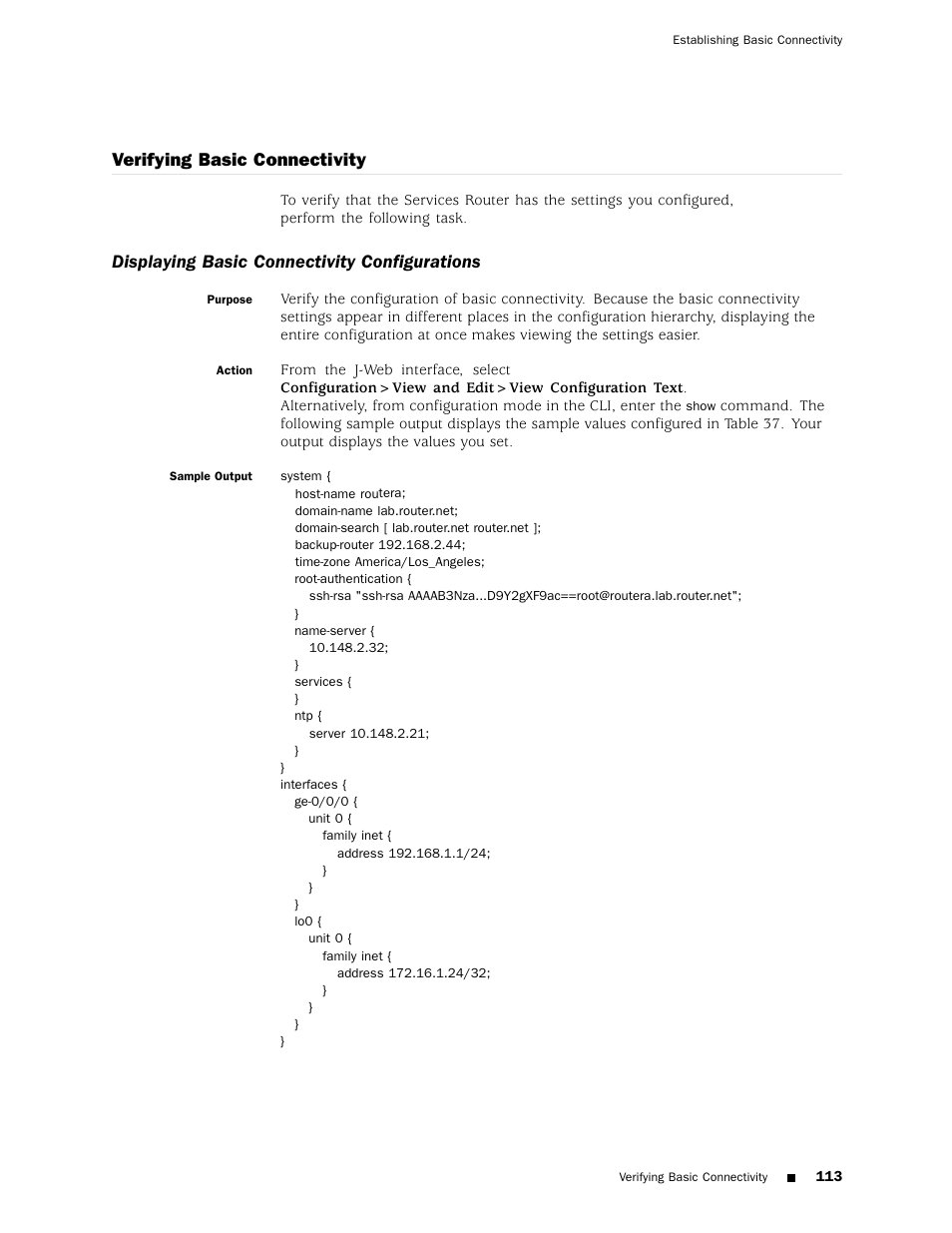 Verifying basic connectivity, Displaying basic connectivity configurations | Juniper Networks J4350 User Manual | Page 133 / 284