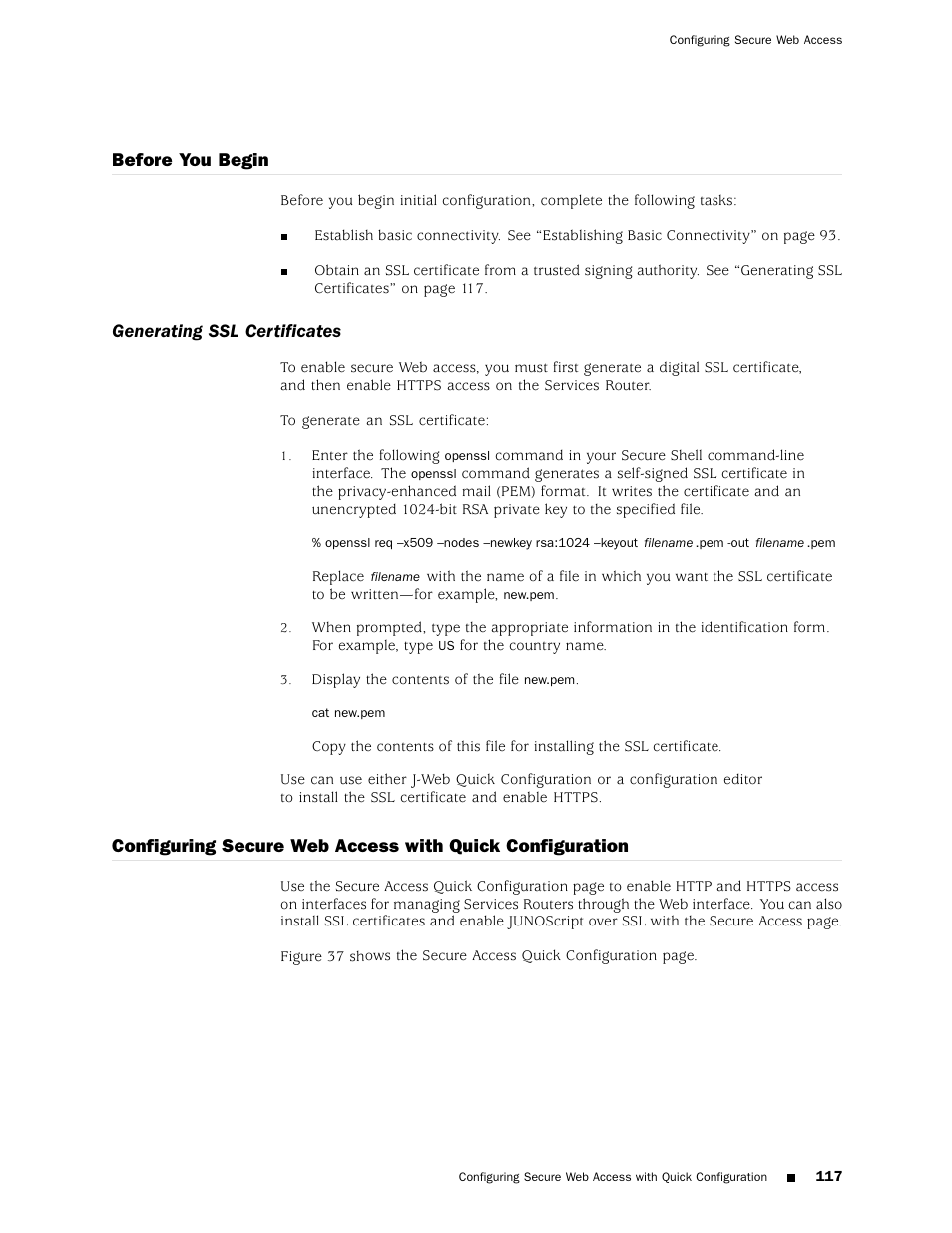 Before you begin, Generating ssl certificates | Juniper Networks J4350 User Manual | Page 137 / 284