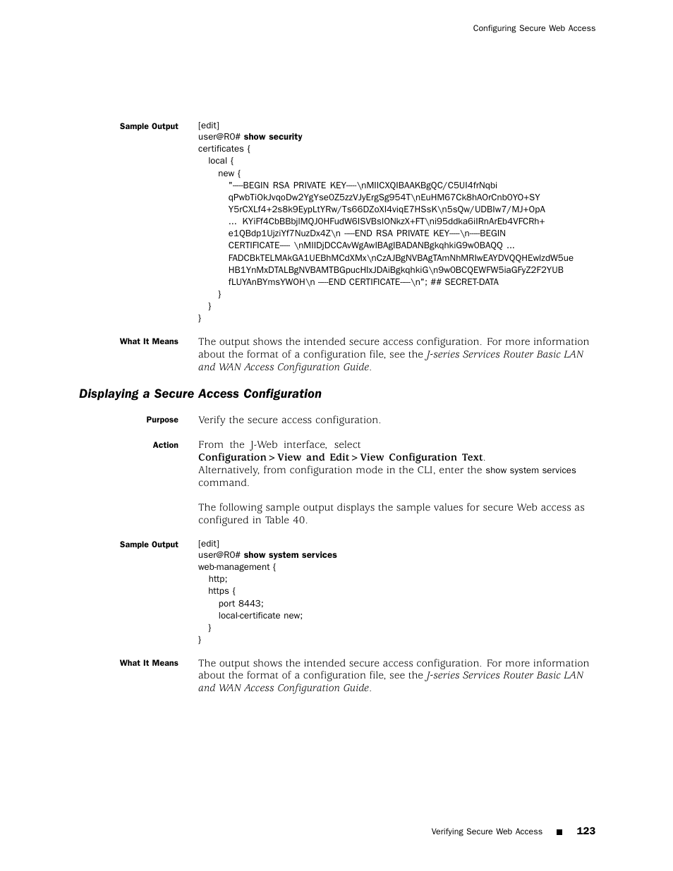 Displaying a secure access configuration | Juniper Networks J4350 User Manual | Page 143 / 284