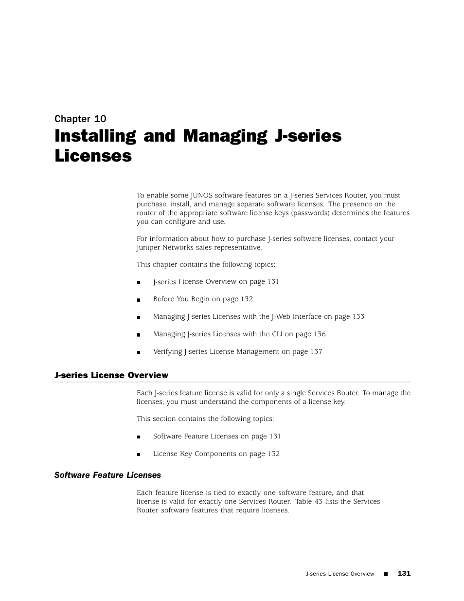 Installing and, Installing and managing j-series licenses, Chapter 10 | Juniper Networks J4350 User Manual | Page 151 / 284