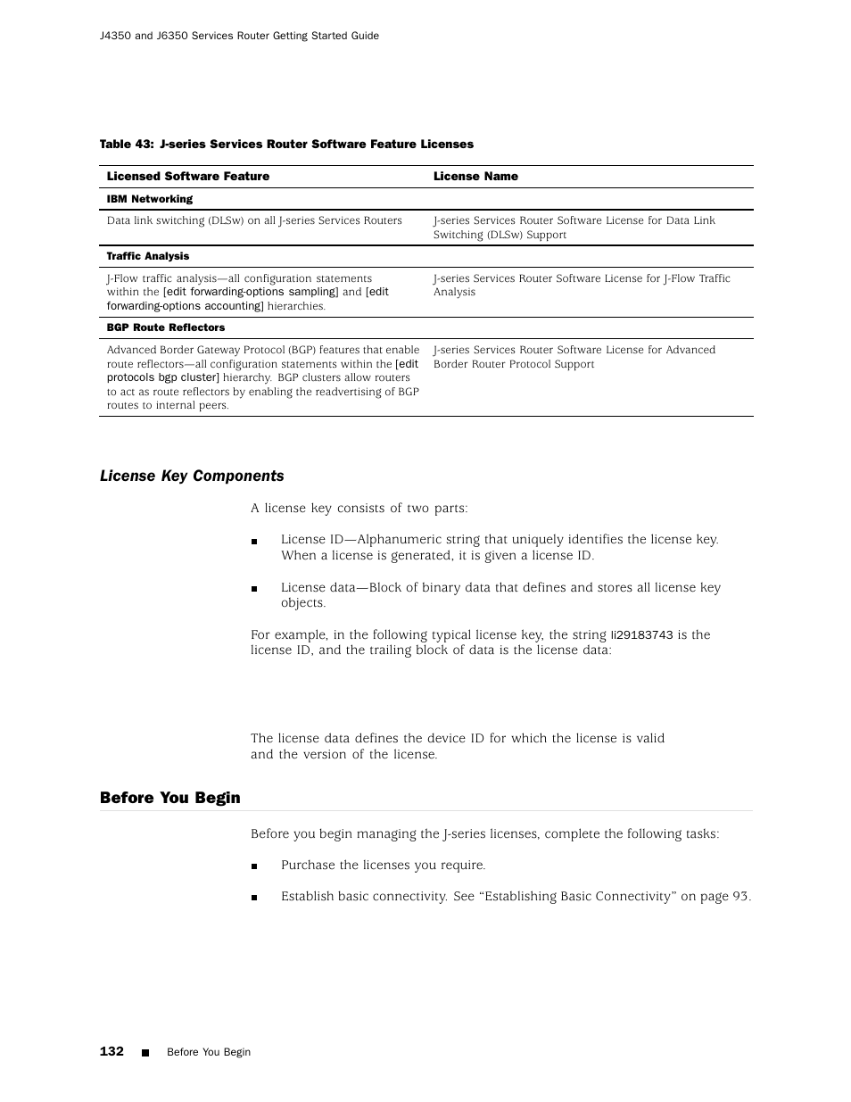 Table 43, License key components, Before you begin | Juniper Networks J4350 User Manual | Page 152 / 284