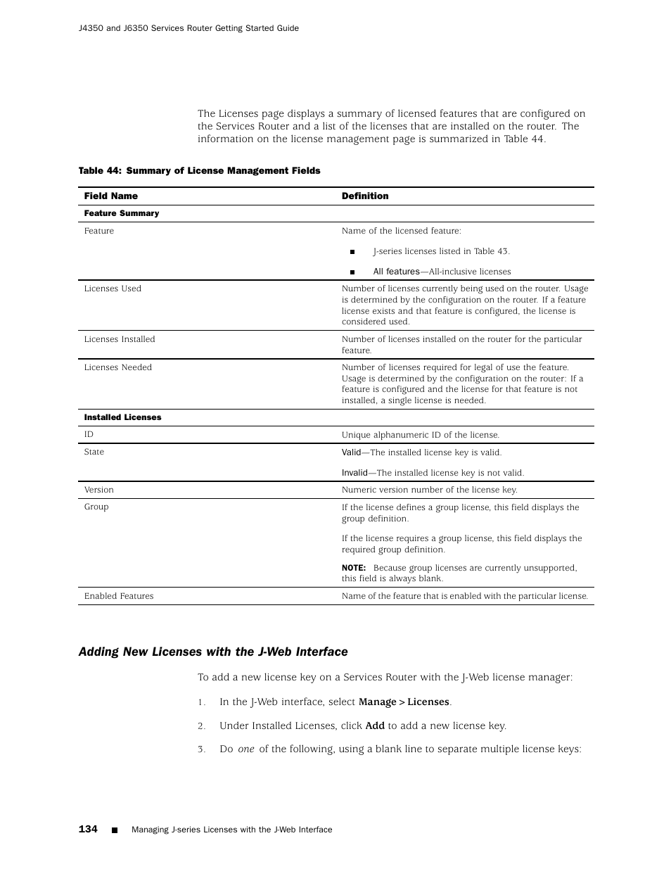 Adding new licenses with the j-web interface | Juniper Networks J4350 User Manual | Page 154 / 284