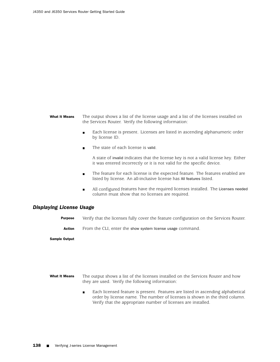 Displaying license usage | Juniper Networks J4350 User Manual | Page 158 / 284