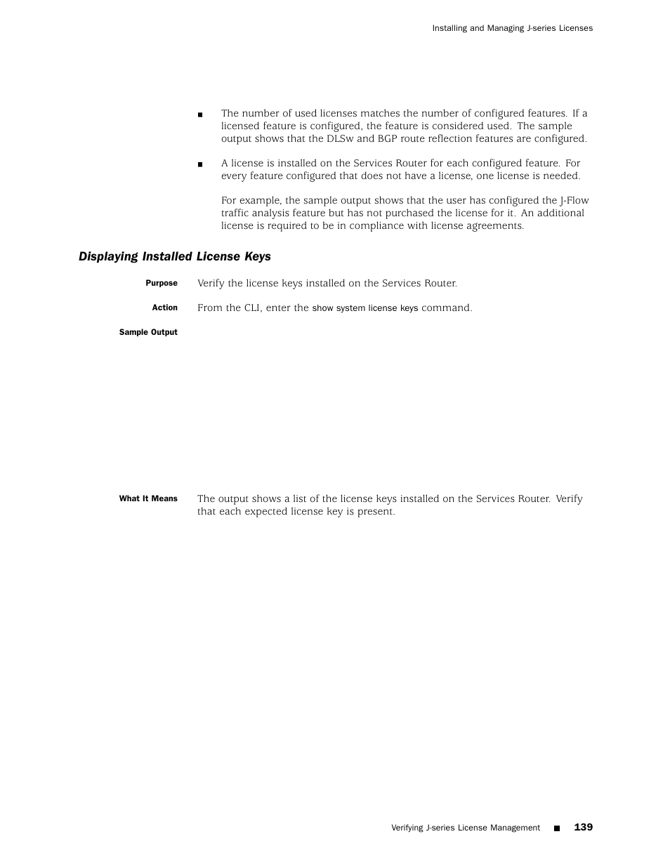 Displaying installed license keys | Juniper Networks J4350 User Manual | Page 159 / 284