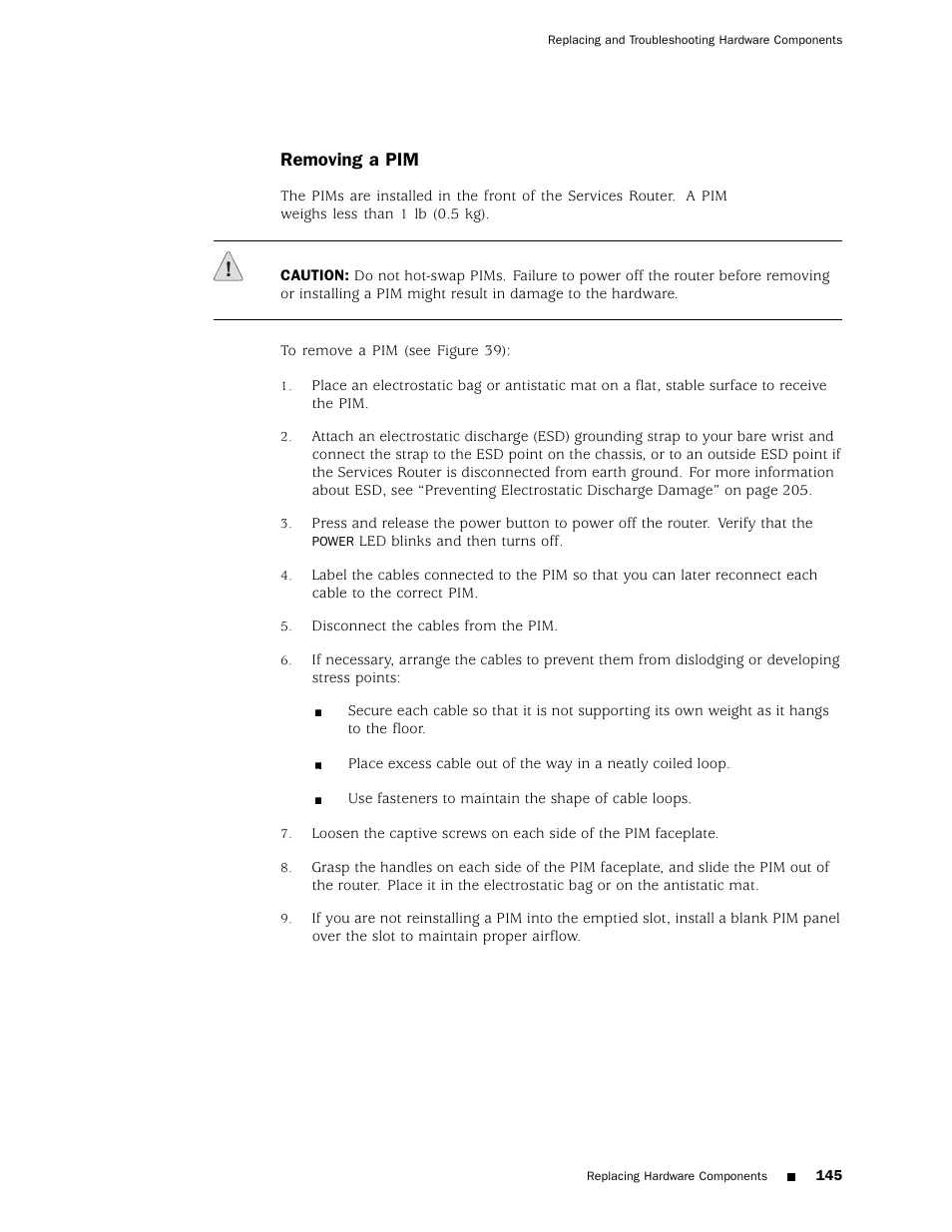 Removing a pim | Juniper Networks J4350 User Manual | Page 165 / 284