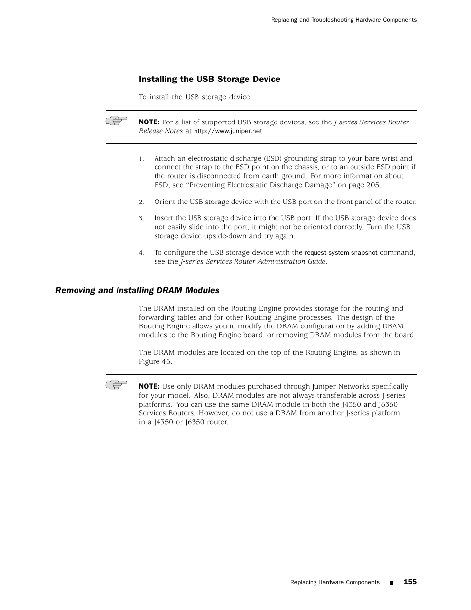 Installing the usb storage device, Removing and installing dram modules | Juniper Networks J4350 User Manual | Page 175 / 284