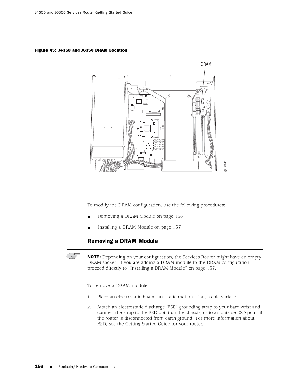 Removing a dram module | Juniper Networks J4350 User Manual | Page 176 / 284