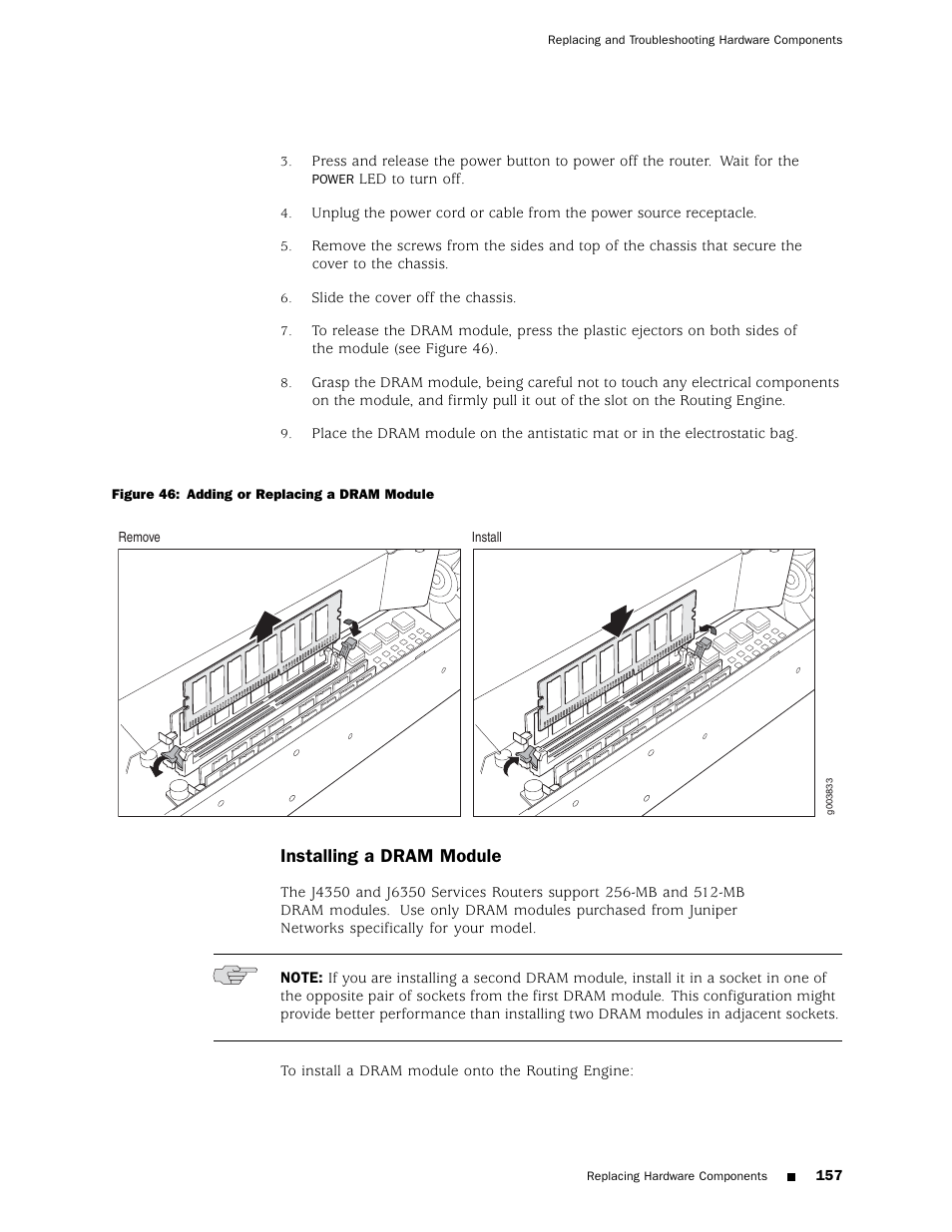 Installing a dram module | Juniper Networks J4350 User Manual | Page 177 / 284