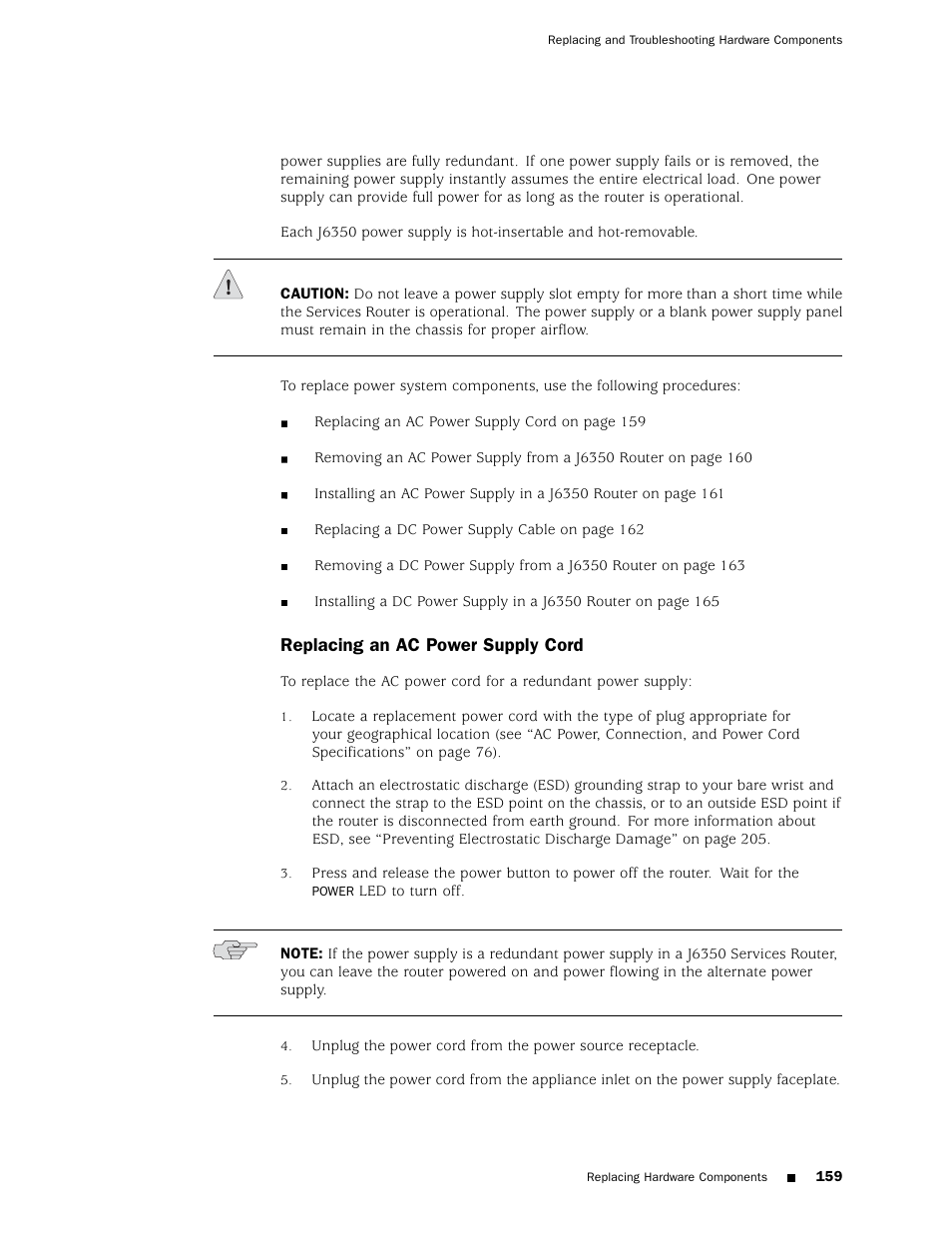 Replacing an ac power supply cord | Juniper Networks J4350 User Manual | Page 179 / 284